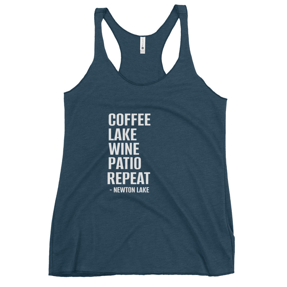Newton Lake - Coffee, Lake, Wine, Patio, Repeat Women's Racerback Tank