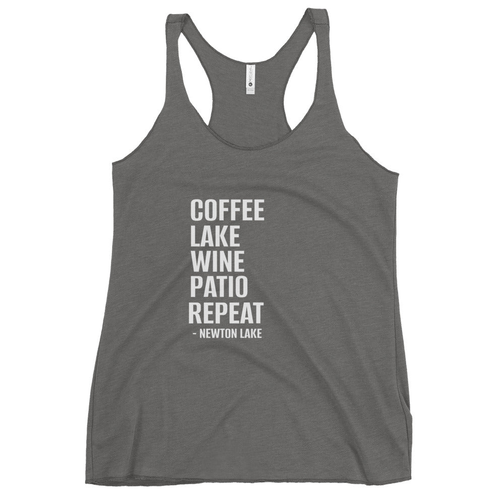 Newton Lake - Coffee, Lake, Wine, Patio, Repeat Women's Racerback Tank