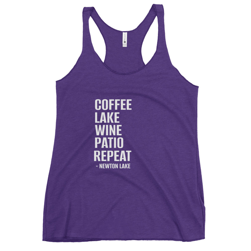 Newton Lake - Coffee, Lake, Wine, Patio, Repeat Women's Racerback Tank