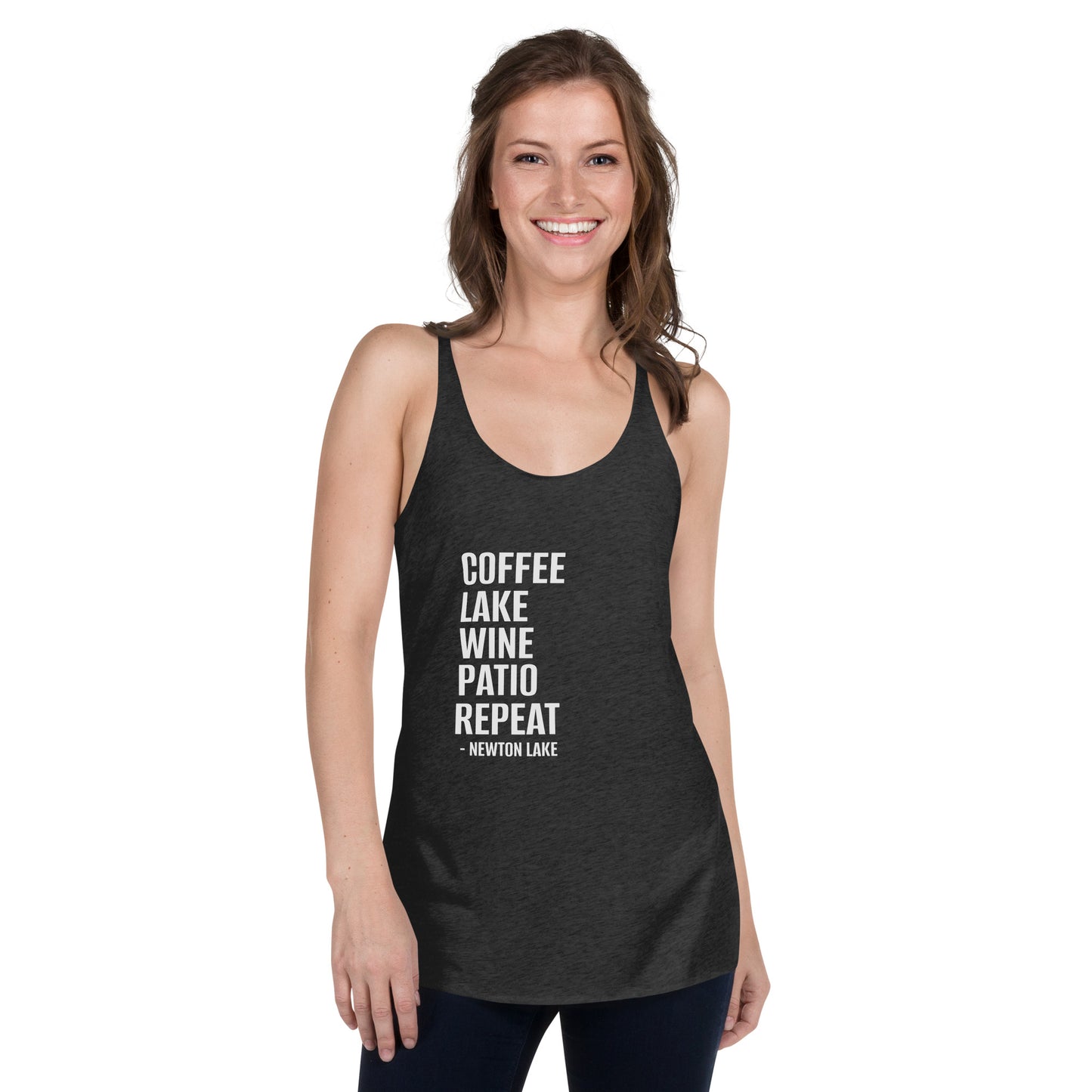 Newton Lake - Coffee, Lake, Wine, Patio, Repeat Women's Racerback Tank