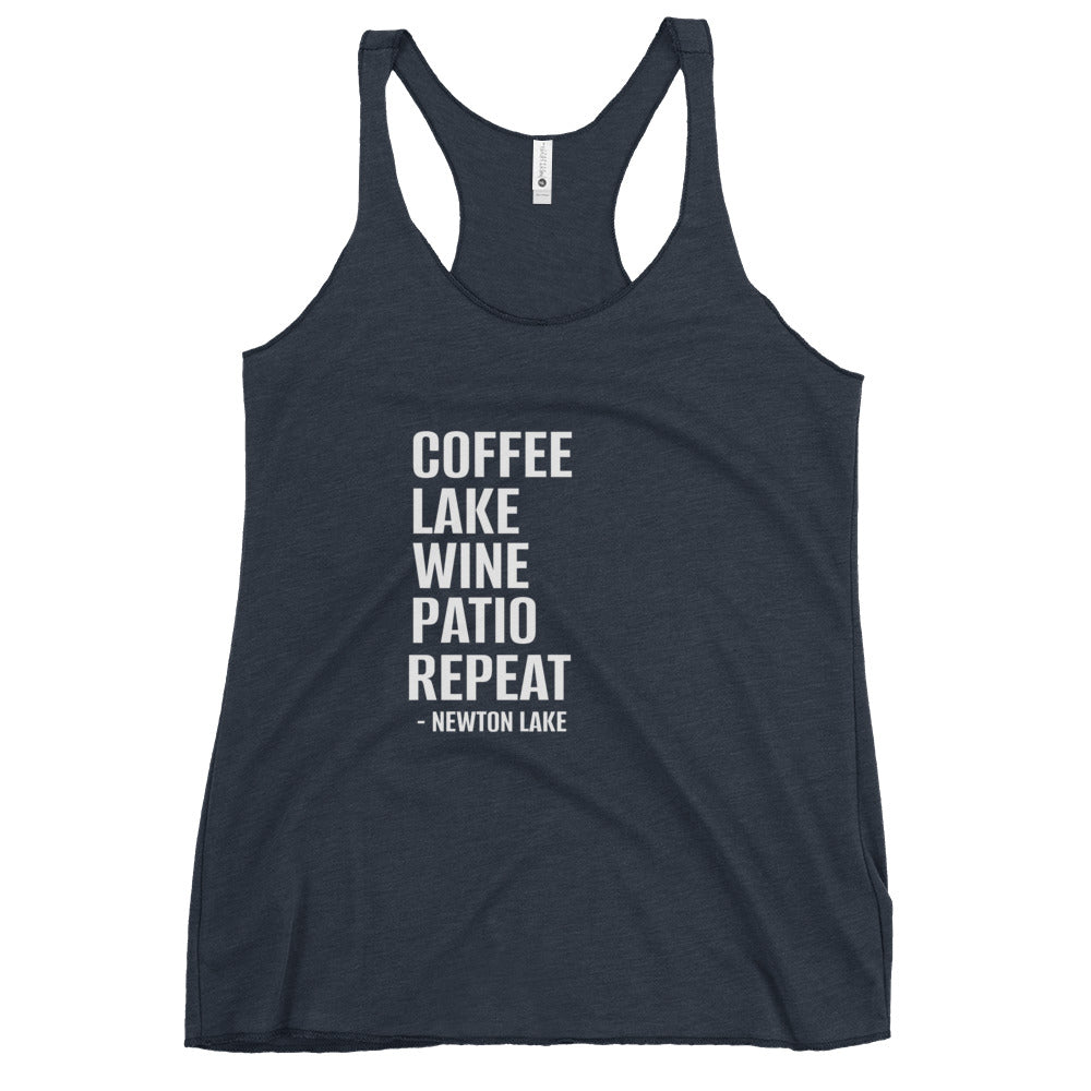 Newton Lake - Coffee, Lake, Wine, Patio, Repeat Women's Racerback Tank
