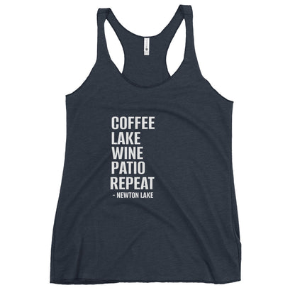 Newton Lake - Coffee, Lake, Wine, Patio, Repeat Women's Racerback Tank