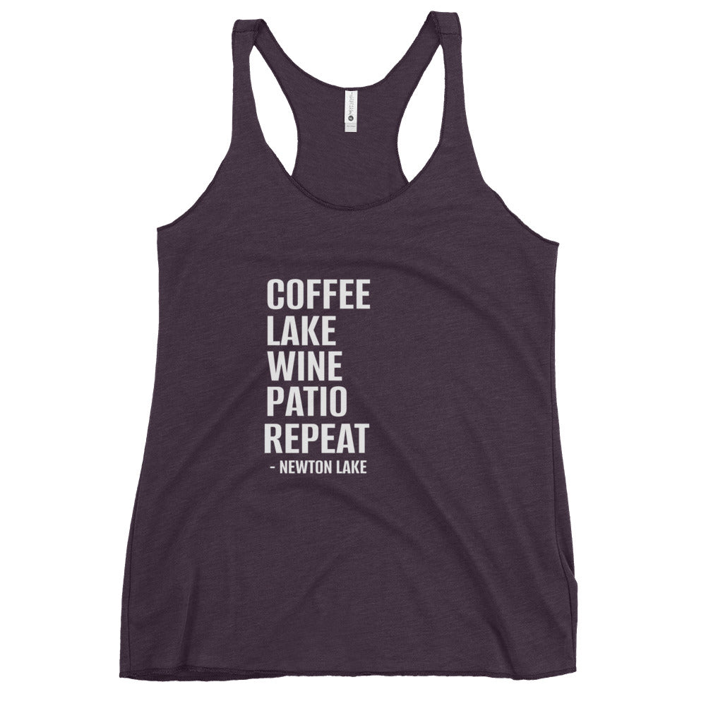 Newton Lake - Coffee, Lake, Wine, Patio, Repeat Women's Racerback Tank
